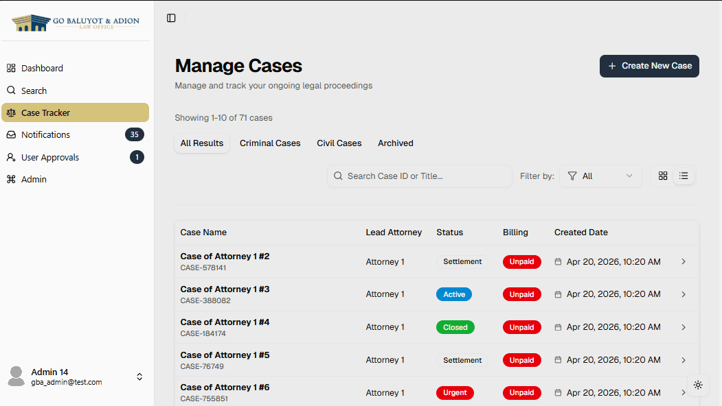 GBA Law Office Court Case Management System